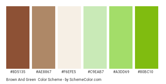Brown and Green - Color scheme palette thumbnail - #8d5135 #ae8867 #f6efe5 #c9eab7 #a3dd69 #80bc10 