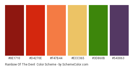 Rainbow of the Devil - Color scheme palette thumbnail - #8e1710 #d4270e #f47b44 #ecc365 #3d860b #543863 
