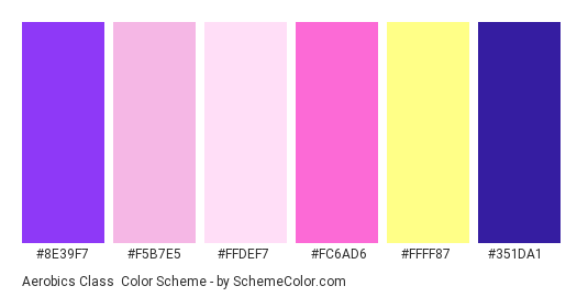 Aerobics Class - Color scheme palette thumbnail - #8e39f7 #f5b7e5 #ffdef7 #fc6ad6 #ffff87 #351da1 