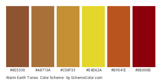 Warm Earth Tones - Color scheme palette thumbnail - #8e5330 #a8713a #c58f33 #e4d62a #b9541e #8b000b 
