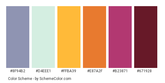 Season Leaf - Color scheme palette thumbnail - #8f94b2 #d4eee1 #ffba39 #e87a2f #b23871 #671928 
