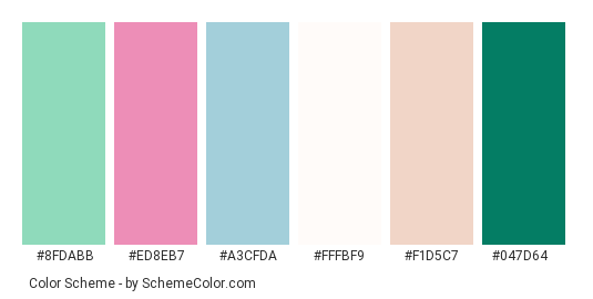 Summer Birthday Party - Color scheme palette thumbnail - #8fdabb #ed8eb7 #a3cfda #fffbf9 #f1d5c7 #047d64 
