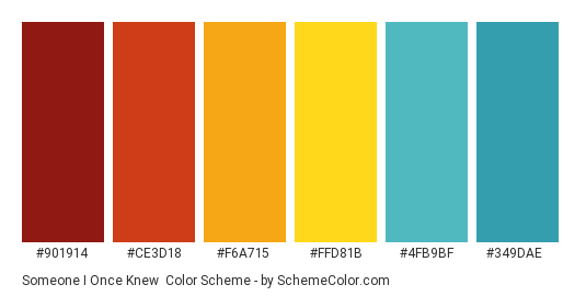 Someone I Once Knew - Color scheme palette thumbnail - #901914 #ce3d18 #f6a715 #ffd81b #4fb9bf #349dae 