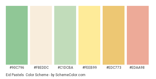 Eid Pastels - Color scheme palette thumbnail - #90c796 #f8eddc #c1dcba #feeb99 #edc773 #edaa98 