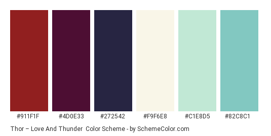 Thor – Love and Thunder - Color scheme palette thumbnail - #911F1F #4D0E33 #272542 #F9F6E8 #C1E8D5 #82C8C1 