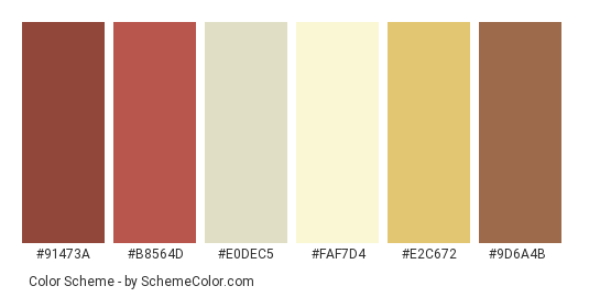 Rustic Autumn - Color scheme palette thumbnail - #91473a #b8564d #e0dec5 #faf7d4 #e2c672 #9d6a4b 