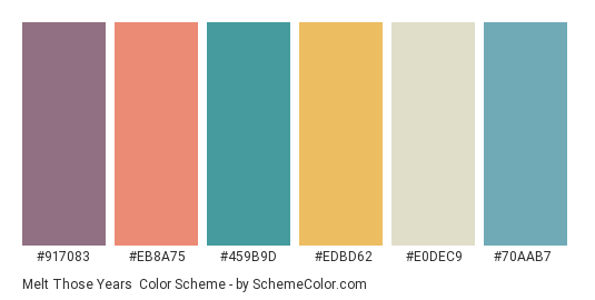 Melt Those Years - Color scheme palette thumbnail - #917083 #EB8A75 #459B9D #EDBD62 #E0DEC9 #70AAB7 