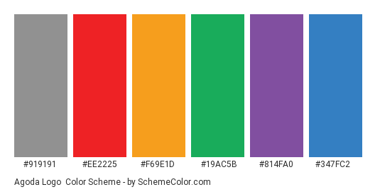 Agoda Logo - Color scheme palette thumbnail - #919191 #ee2225 #f69e1d #19ac5b #814fa0 #347fc2 
