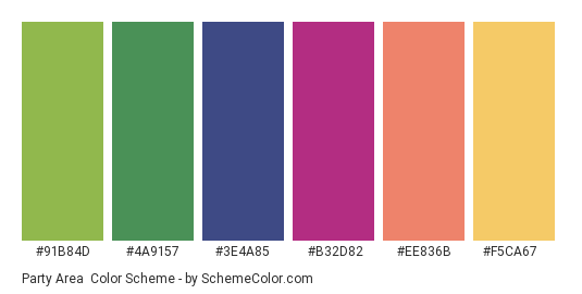 Party Area - Color scheme palette thumbnail - #91B84D #4A9157 #3E4A85 #B32D82 #EE836B #F5CA67 