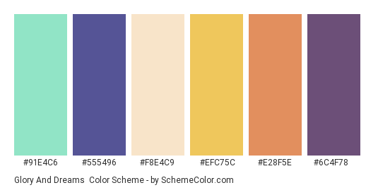 Glory and Dreams - Color scheme palette thumbnail - #91E4C6 #555496 #F8E4C9 #EFC75C #E28F5E #6C4F78 
