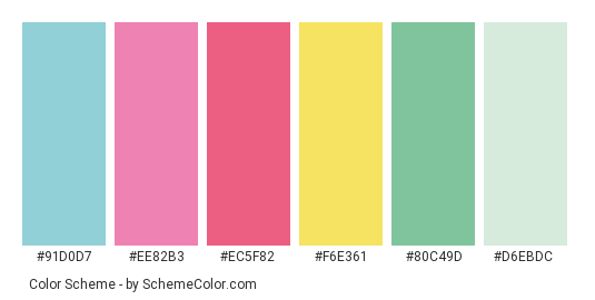 Watercolor Splash - Color scheme palette thumbnail - #91d0d7 #ee82b3 #ec5f82 #f6e361 #80c49d #d6ebdc 