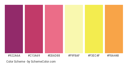 Fire Flower Lily - Color scheme palette thumbnail - #922a6a #c13a69 #eb6d88 #f9f8af #f3ec4f #f8a448 