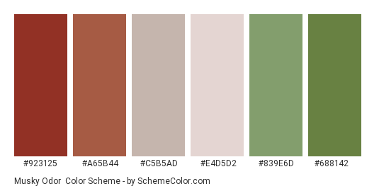 Musky Odor - Color scheme palette thumbnail - #923125 #a65b44 #c5b5ad #e4d5d2 #839e6d #688142 