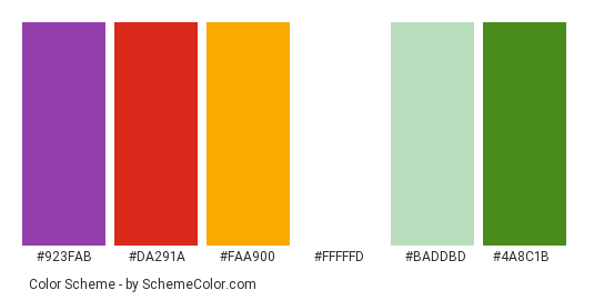 Colorful Salad - Color scheme palette thumbnail - #923fab #da291a #faa900 #fffffd #baddbd #4a8c1b 