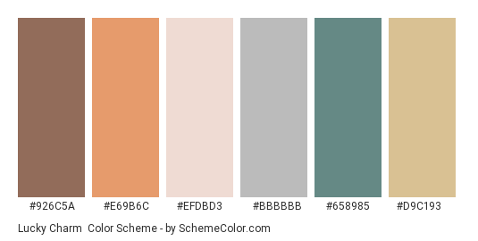 Lucky Charm - Color scheme palette thumbnail - #926C5A #E69B6C #EFDBD3 #BBBBBB #658985 #D9C193 