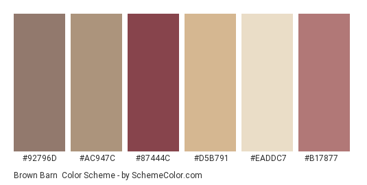 Brown Barn - Color scheme palette thumbnail - #92796d #ac947c #87444c #d5b791 #eaddc7 #b17877 