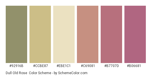 Dull Old Rose - Color scheme palette thumbnail - #92916B #CCBE87 #EBE1C1 #C69081 #B7707D #B06681 