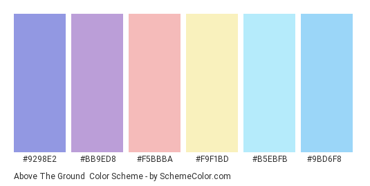 Above the Ground - Color scheme palette thumbnail - #9298E2 #BB9ED8 #F5BBBA #F9F1BD #B5EBFB #9BD6F8 
