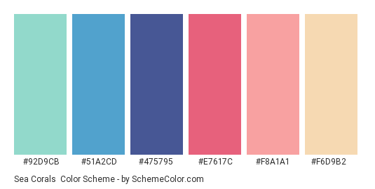Sea Corals - Color scheme palette thumbnail - #92D9CB #51A2CD #475795 #E7617C #F8A1A1 #F6D9B2 