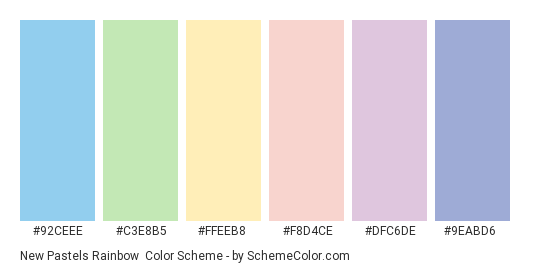 New Pastels Rainbow - Color scheme palette thumbnail - #92ceee #c3e8b5 #ffeeb8 #f8d4ce #dfc6de #9eabd6 