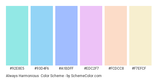 Always Harmonious - Color scheme palette thumbnail - #92e8e5 #93d4f6 #a1bdff #edc2f7 #fcdcc8 #f7efcf 