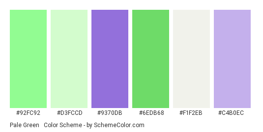 Pale Green & Baby Purple - Color scheme palette thumbnail - #92fc92 #d3fccd #9370db #6edb68 #f1f2eb #c4b0ec 