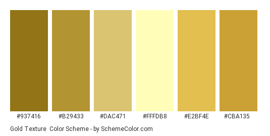 Gold texture - Color scheme palette thumbnail - #937416 #b29433 #dac471 #fffdb8 #e2bf4e #cba135 