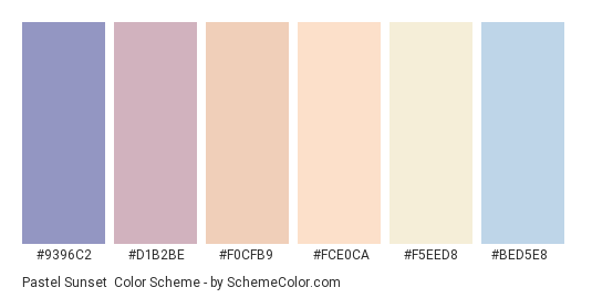 Pastel Sunset - Color scheme palette thumbnail - #9396C2 #D1B2BE #F0CFB9 #FCE0CA #F5EED8 #BED5E8 
