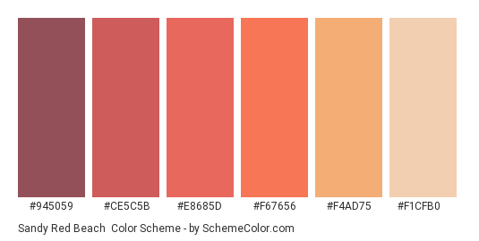 Sandy Red Beach - Color scheme palette thumbnail - #945059 #ce5c5b #e8685d #f67656 #f4ad75 #f1cfb0 