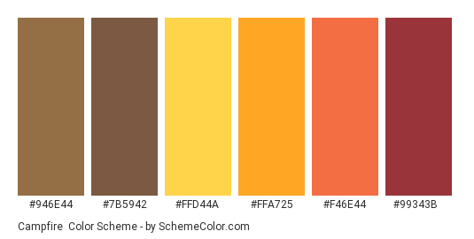 Campfire - Color scheme palette thumbnail - #946e44 #7b5942 #ffd44a #ffa725 #f46e44 #99343b 