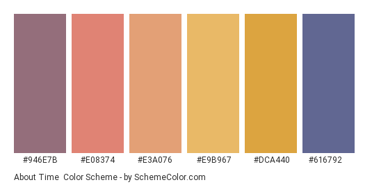 About Time - Color scheme palette thumbnail - #946e7b #e08374 #e3a076 #e9b967 #dca440 #616792 