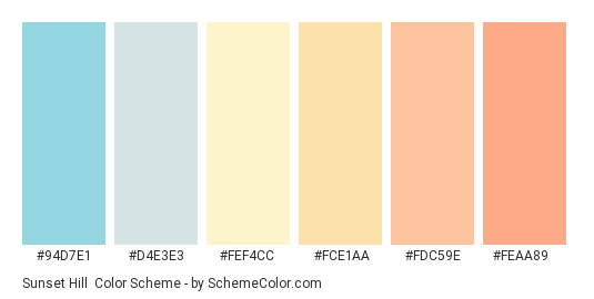 Sunset Hill - Color scheme palette thumbnail - #94d7e1 #d4e3e3 #fef4cc #fce1aa #fdc59e #feaa89 