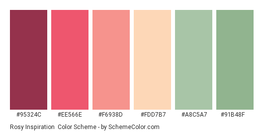 Rosy Inspiration - Color scheme palette thumbnail - #95324C #EE566E #F6938D #FDD7B7 #A8C5A7 #91B48F 