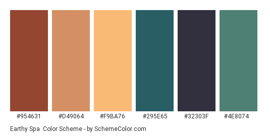Earthy Spa - Color scheme palette thumbnail - #954631 #d49064 #f9ba76 #295e65 #32303f #4e8074 