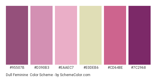 Dull Feminine - Color scheme palette thumbnail - #95507b #d390b3 #eaaec7 #e0deb6 #cd648e #7c2968 