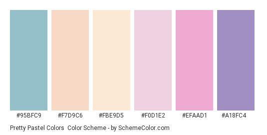Pretty Pastel Colors - Color scheme palette thumbnail - #95BFC9 #F7D9C6 #FBE9D5 #F0D1E2 #EFAAD1 #A18FC4 