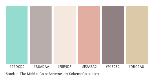 Stuck in the Middle - Color scheme palette thumbnail - #95DCD0 #B8ADAA #F5E9DF #E2AEA2 #918082 #DBC9A8 