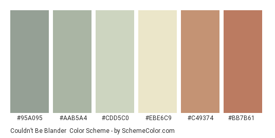Couldn’t Be Blander - Color scheme palette thumbnail - #95a095 #aab5a4 #cdd5c0 #ebe6c9 #c49374 #bb7b61 