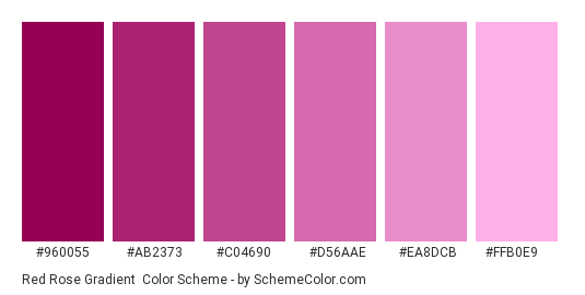 Red Rose Gradient - Color scheme palette thumbnail - #960055 #AB2373 #C04690 #D56AAE #EA8DCB #FFB0E9 