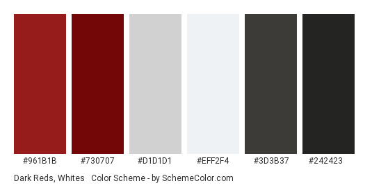 Dark Reds, Whites & Blacks - Color scheme palette thumbnail - #961B1B #730707 #D1D1D1 #EFF2F4 #3D3B37 #242423 