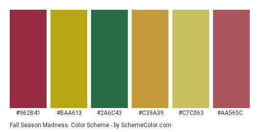 Fall Season Madness - Color scheme palette thumbnail - #962b41 #baa613 #2a6c43 #c39a39 #c7c063 #aa565c 