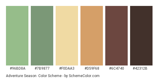Adventure Season - Color scheme palette thumbnail - #96BD8A #7B9877 #F0DAA3 #D59F68 #6C4740 #42312B 