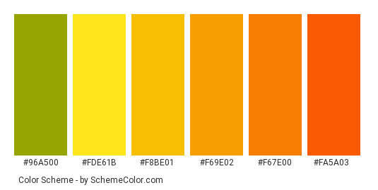Maple Leaves - Color scheme palette thumbnail - #96a500 #fde61b #f8be01 #f69e02 #f67e00 #fa5a03 