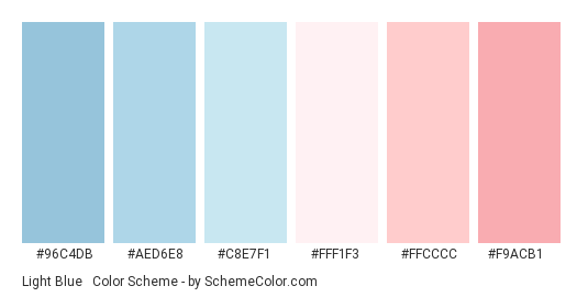 Light Blue & Red - Color scheme palette thumbnail - #96c4db #aed6e8 #c8e7f1 #fff1f3 #ffcccc #f9acb1 