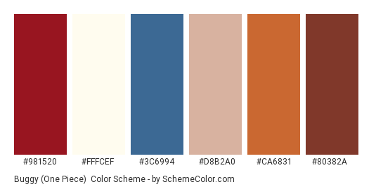 Buggy (One Piece) - Color scheme palette thumbnail - #981520 #FFFCEF #3C6994 #D8B2A0 #CA6831 #80382A 