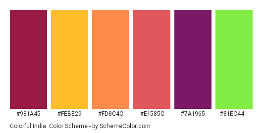 Colorful India - Color scheme palette thumbnail - #981a45 #febe29 #fd8c4c #e1585c #7a1965 #81ec44 