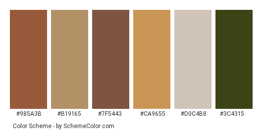 Old Street - Color scheme palette thumbnail - #985a3b #b19165 #7f5443 #ca9655 #d0c4b8 #3c4315 