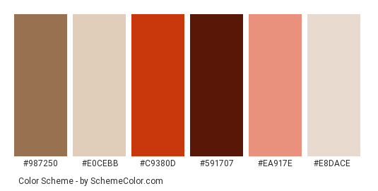 Staromestska - Color scheme palette thumbnail - #987250 #e0cebb #c9380d #591707 #ea917e #e8dace 