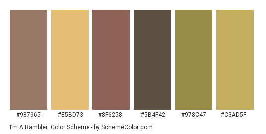 I’m a Rambler - Color scheme palette thumbnail - #987965 #e5bd73 #8f6258 #5b4f42 #978c47 #c3ad5f 