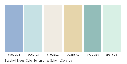 Seashell Blues - Color scheme palette thumbnail - #98B2D4 #C6E1E4 #F0EBE2 #E6D5AB #93BDB9 #D8F0E5 